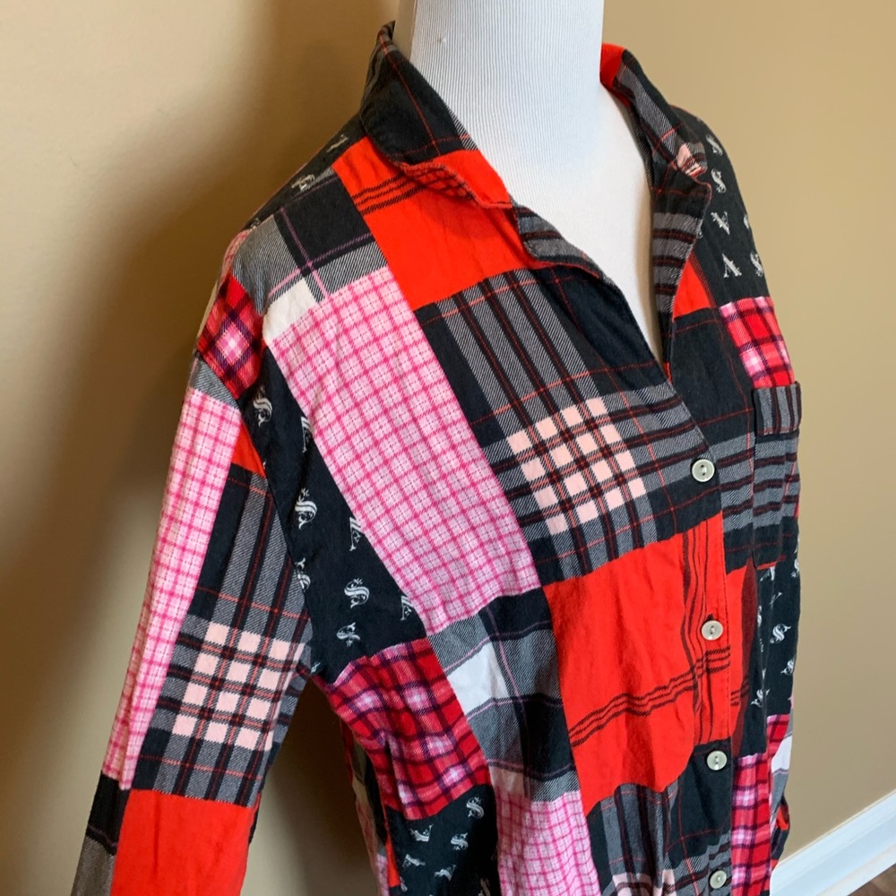 Vs Plaid Patchwork Flannel Button Down Sleep Shirt - image 3
